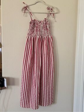 Red White Striped Smocked Tie Strap Maxi Dress Americana Fall Cottagecore Lg